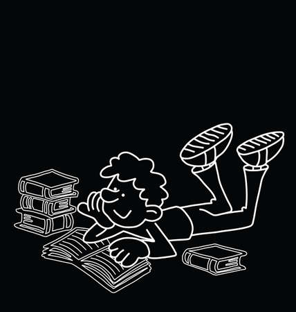 Monochrome outline cartoon boy reading isolated on black background  with copy space for own textのイラスト素材