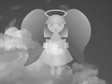 Monochrome representation of an angel against a cloudy skyの写真素材
