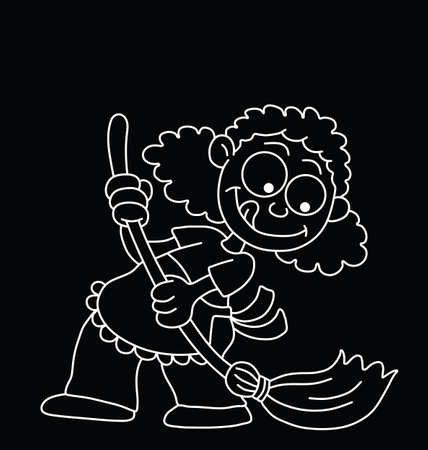 Monochrome outline cartoon housewife cleaning isolated on black backgroundのイラスト素材
