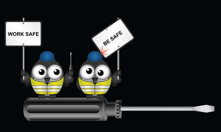 Comical construction workers with health and safety work safe be safe message perched on  a screwdriver with copy space for own text isolated on black backgroundのイラスト素材