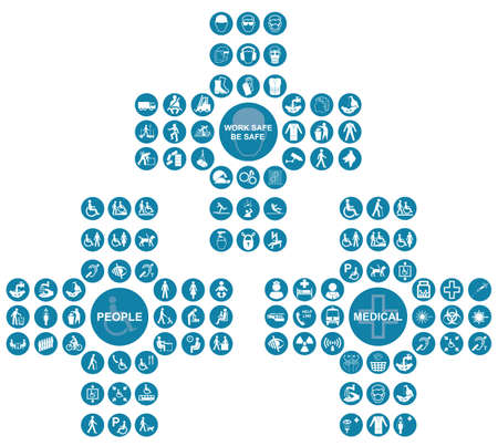 Blue construction health and safety people and medical cruciform icon collection isolated on white background.のイラスト素材