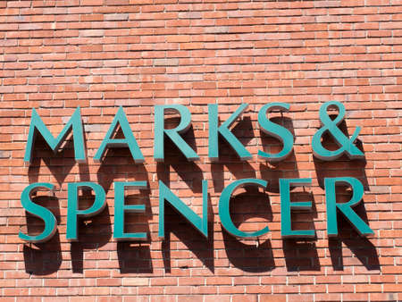 Marks and Spenser sign over shop Entrance, company founded in 1884 by Michael Marks and Thomas Spenserのeditorial素材