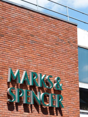 Marks and Spenser sign over shop Entrance, company founded in 1884 by Michael Marks and Thomas Spenserのeditorial素材