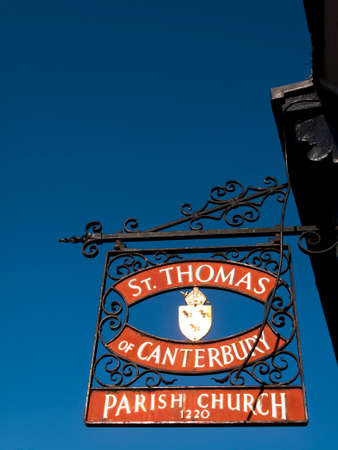 Saint Thomas of Canterbury parish church sign, dedicated circa 1220, believed to be a place of worship for the men building the cathedralのeditorial素材