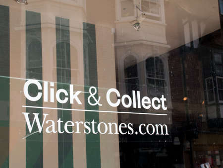 Waterstones click and collect sign in shop window, UK and Europe based book retailer, founded in 1982 by Tim Waterstoneのeditorial素材