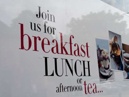 Debenhams Department store joint us for breakfast lunch or afternoon tea sign advertising instore cafeのeditorial素材