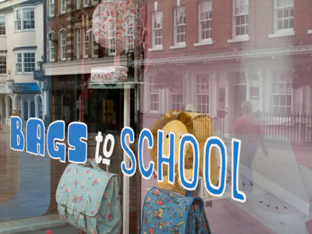 Bags to school window display advertising merchandise for students returning back to schoolのeditorial素材