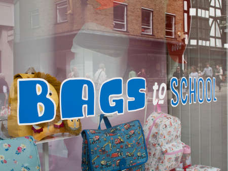 Bags to school window display advertising merchandise for students returning back to schoolのeditorial素材