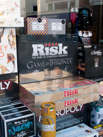 Waterstones shop window display promoting various games, company founded by Tim Waterstone in 1982