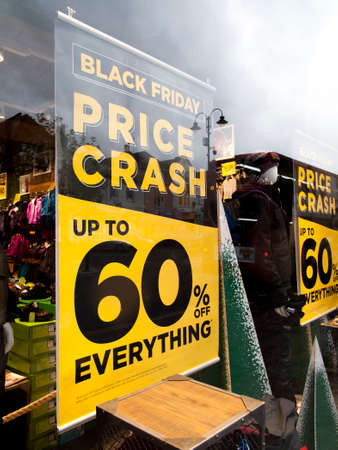Black Friday price crash signs in high street outdoor fashion storeのeditorial素材