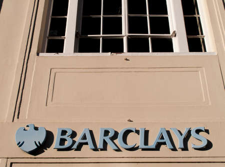 Barclays Bank name and sign over local branch officeのeditorial素材
