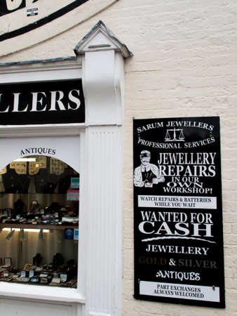 Sarum jewellers Professional Services, repairs in their own workshop advertising board and window displayのeditorial素材