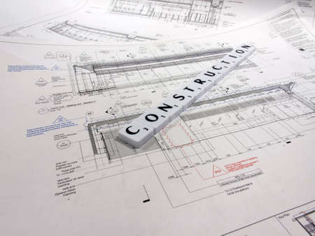 Representation of the construction industry  with technical drawing backgroundのeditorial素材