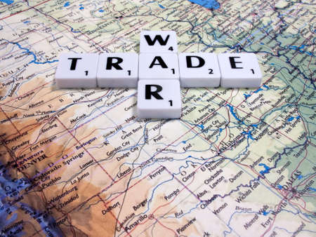 representation of world trade war initiated by United States of America import tariffs on steel and aluminium, with American map backgroundのeditorial素材