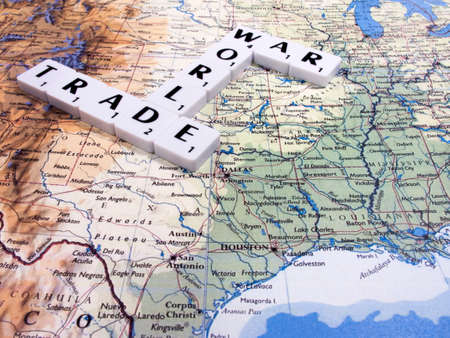 representation of world trade war initiated by United States of America import tariffs on steel and aluminium, with American map backgroundのeditorial素材