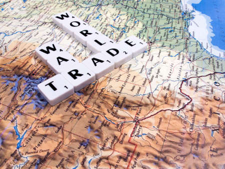 representation of world trade war initiated by United States of America import tariffs on steel and aluminium, with American map backgroundのeditorial素材