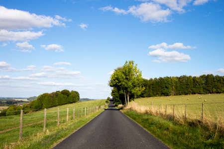 Single lane country road through countryside and farmland