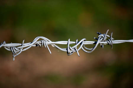 Isolated barbed wired fence providing security to farmland in rural Hampshireの写真素材