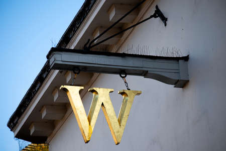 Waterstones sign above store, British book retailer established in 1982 by Tim Waterstone