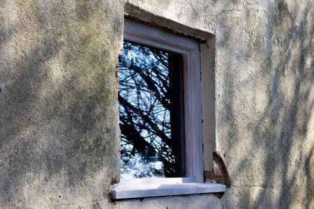 UPVC white window on derelict building awaiting demolition with reflection of trees in glassの写真素材