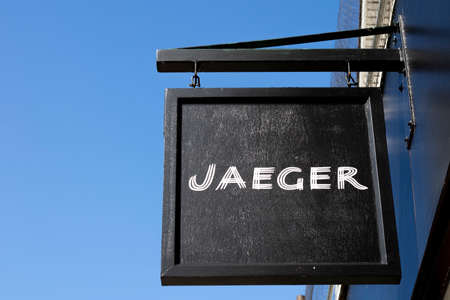 Jaeger sign over store, high end expensive English fashion brand and retailer of menswear and womenswearのeditorial素材