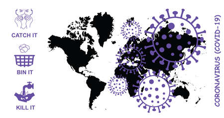 Coronavirus COVID-19 graphic overlaid on world map with catch bin kill it public information message...
