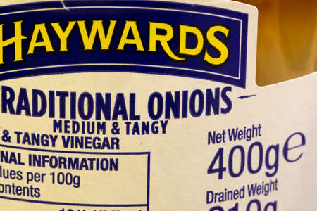 Haywards medium and tangy traditional stuttgarter pickled onions labelling on jar, company formed in 1868のeditorial素材
