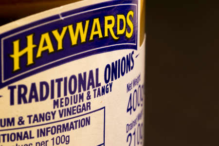 Haywards medium and tangy traditional stuttgarter pickled onions labelling on jar, company formed in 1868のeditorial素材