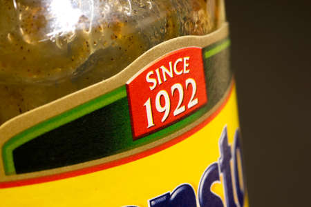 Branston sweet pickle labelling on jar, product produced since 1922, business sold to Japanese company Mizkan Holdings in 2013のeditorial素材