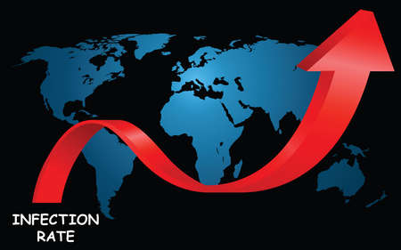 Representation of worldwide virus pandemic infection rate going up on world map isolated on black...