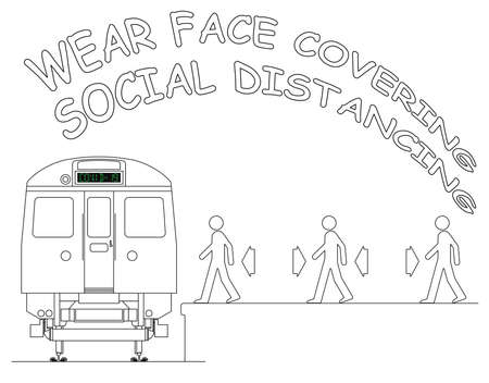 Passengers boarding train practicing social distancing and advised to wear face coverings as countries prepare to unlock restrictions due to pandemic isolated on white backgroundの写真素材