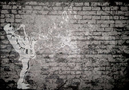Grunge decayed faded brick wall background with musician playing the saxophone with copy space for own textの写真素材