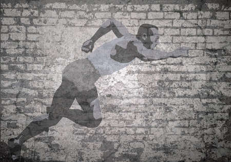 Grunge decayed faded brick wall background with stylized athletic sprinter