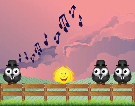 Bird dawn chorus with unappreciative fellow flock members looking on with early morning cloudy pink sky aboveの写真素材