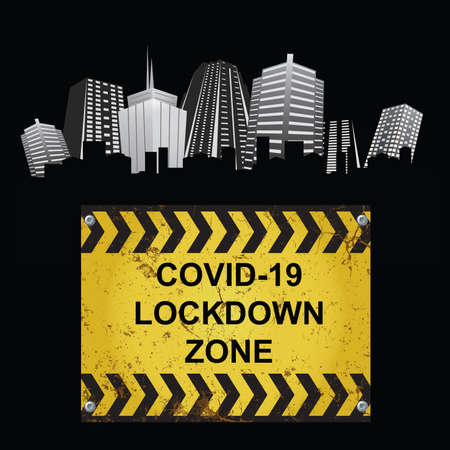 Warning virus lockdown zone as governments announce local measures to combat pandemic hotspots with generic city backgroundの写真素材