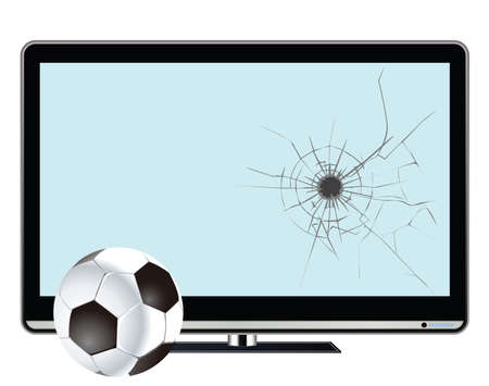Comical indoor football and broken television screen isolated on white backgroundの写真素材