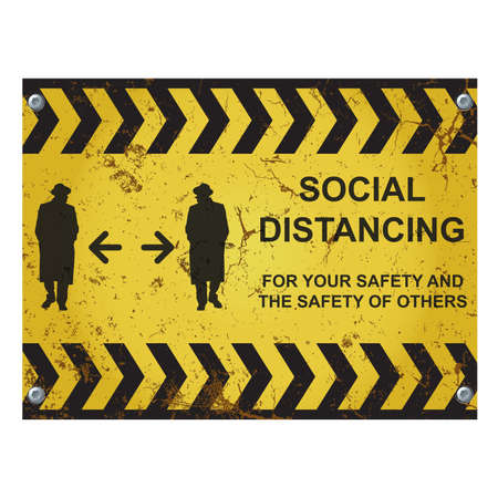 Warning social distancing public information sign measures to stop the spread of the worldwide pandemic isolated on white backgroundの写真素材