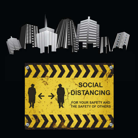 Warning social distancing public information sign measures to stop the spread of the worldwide pandemic on generic city backgroundの写真素材