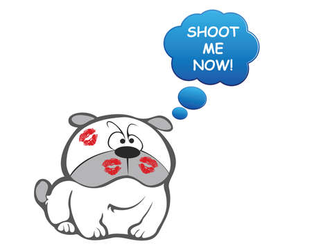 Comical indignant looking dog covered in lipstick after being kissed by his owner isolated on white backgroundの写真素材
