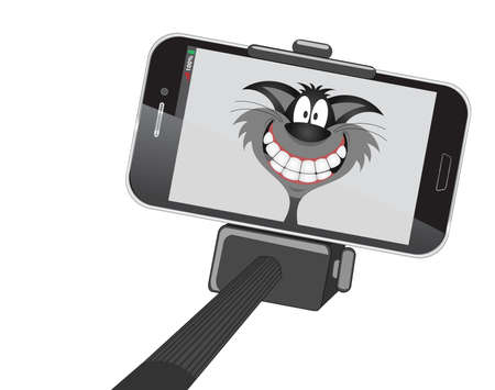 Comical cat taking a selfie photo on a generic mobile telephone to share on social media isolated on white backgroundの写真素材