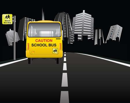 School bus stop with vehicle entering generic cityの写真素材