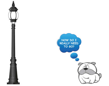Comical television dog pondering if he needs to go a toilet up against the lamppost isolated on white backgroundの写真素材