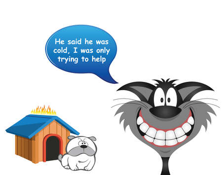 Comical cat trying to keep the dog warm by setting his kennel ablaze isolated on white backgroundの写真素材