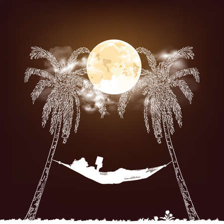 Stunning full moon nigh time cloudy sky with white Silhouetted woman reading relaxing in a hammockの写真素材
