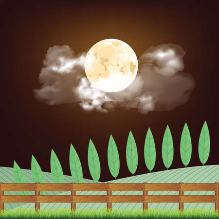 Picturesque rural night time country scene with farmland and boundary fence set against a full moonの写真素材