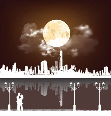 Silhouetted young lovers on a promenade set against a stunning full moon sky and generic Cityscape backgroundの写真素材