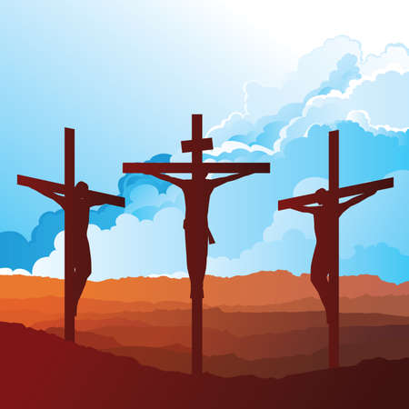 Silhouetted depiction of the crucifixion of Christ and two thieves collectively referred to as the Passion set against a blue cloudy sky backgroundの写真素材