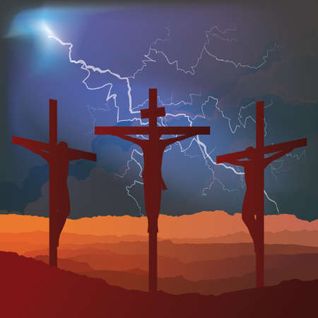 Silhouetted depiction of the crucifixion of Christ and two thieves collectively referred to as the Passion set against a retribution lightning sky backgroundの写真素材
