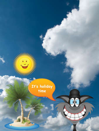 Comical cat with it is holiday time summer message set against a cloudy blue skyの写真素材