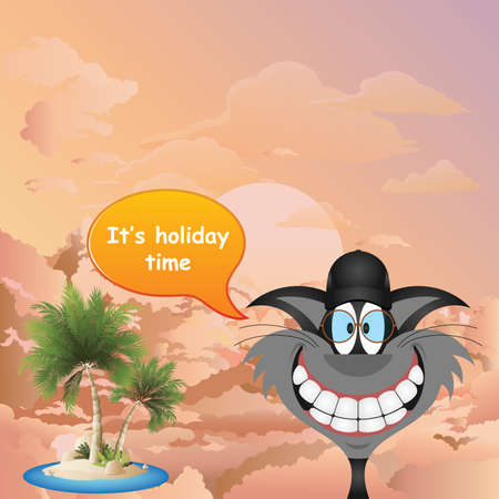 Comical cat with it is holiday time summer message set against a stunning dawn skyの写真素材